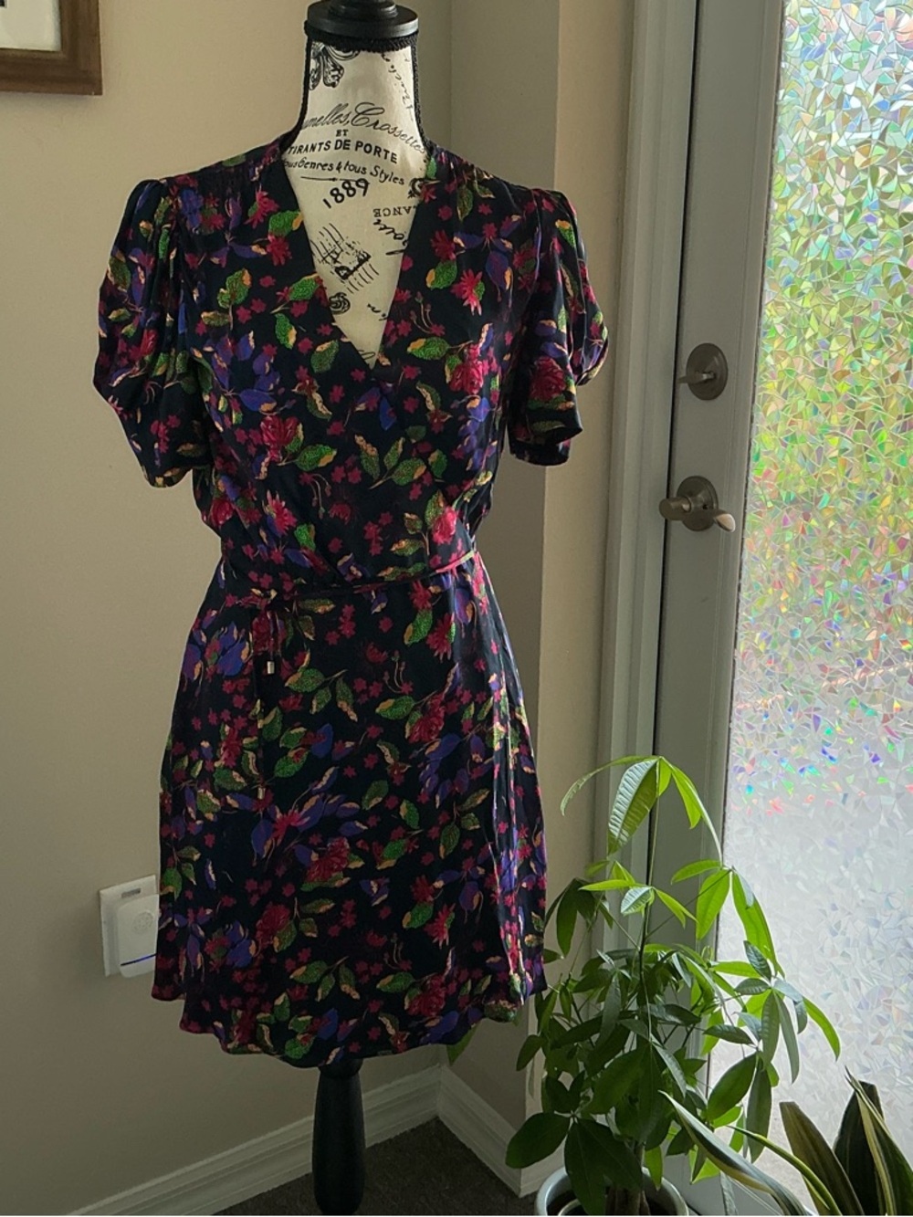 SALONI Navy Floral Wrap Mini Dress with Pink, Purple & Green Printsaloni dress